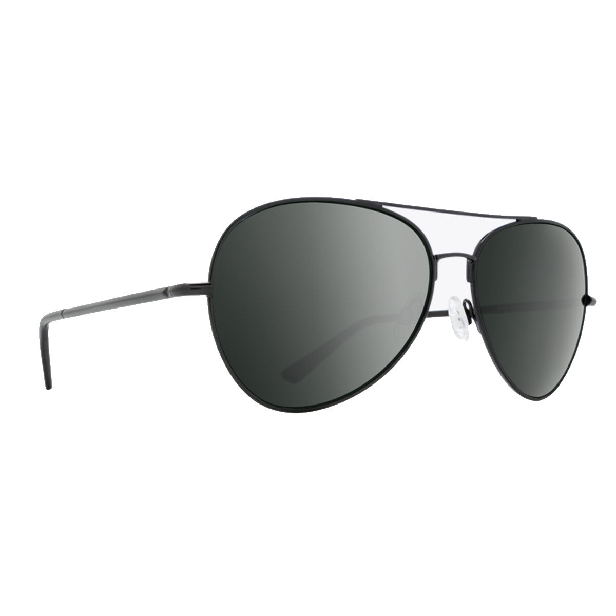 The Spy Blackburn aviator sunglasses in black feature HD Plus gray green lenses with black Spectra mirror and slim metal frames, shown on a white background.