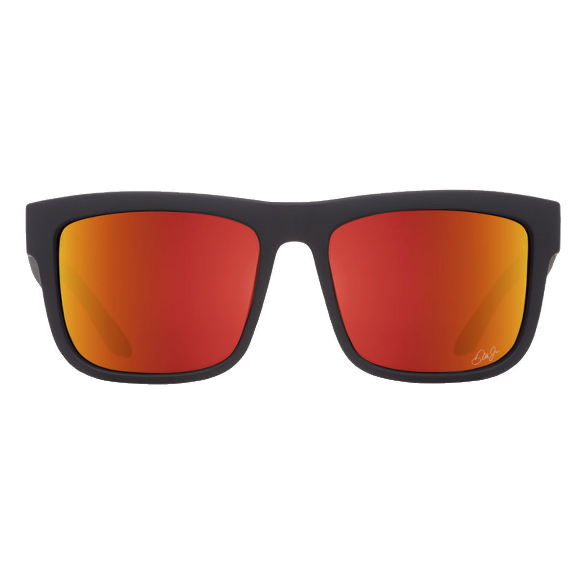 Front view of Spy Discord - Dale Jr Matte Black sunglasses by Spy, featuring square frames and HD Plus gray green lenses with orange spectra mirror finish, offering 100% UV protection.