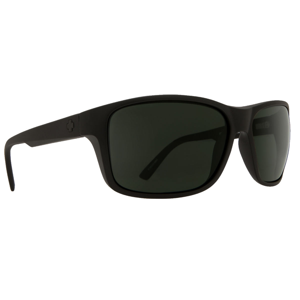 Spy Arcylon sunglasses in Matte Black with Happy Gray Green Polar lenses feature thick plastic frames and 100% UV protection. Shown angled against a white background.