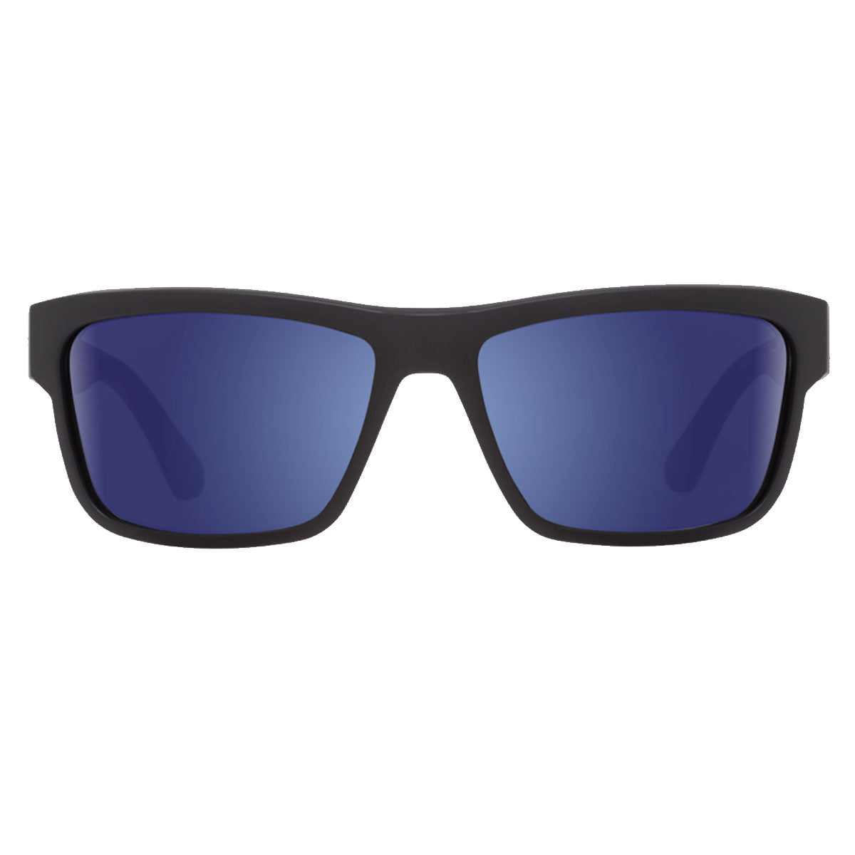 Spy Frazier sunglasses by Spy, featuring matte black frames and rectangular blue-tinted, bronze-polarized lenses with UV protection, shown from the front on a white background.