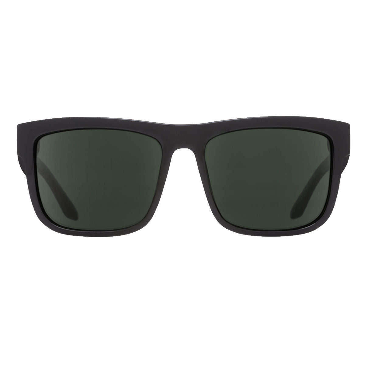 Front view of Spy Discord sunglasses in Black / HD Plus Gray Green by Spy, rectangular shape with dark tinted HD Plus lenses and 100% UV protection, displayed on a white background.