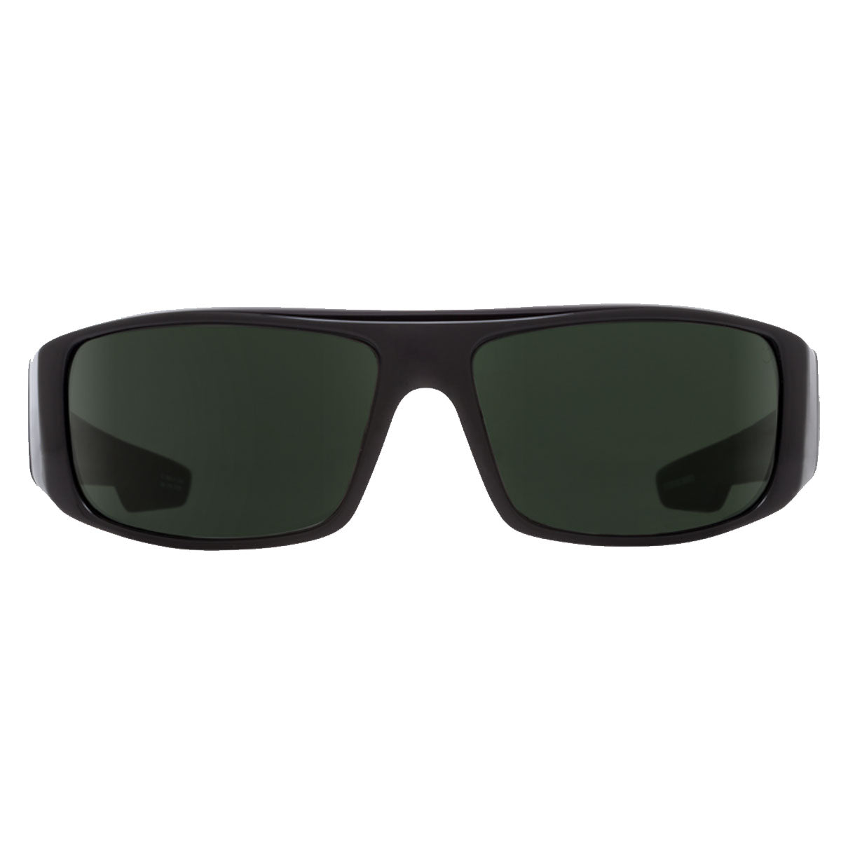 A pair of Spy Logan sunglasses in black with wide dark lenses, shown from the front on a white background. Features Trident™ polarization and Happy Gray Green lenses for enhanced clarity.