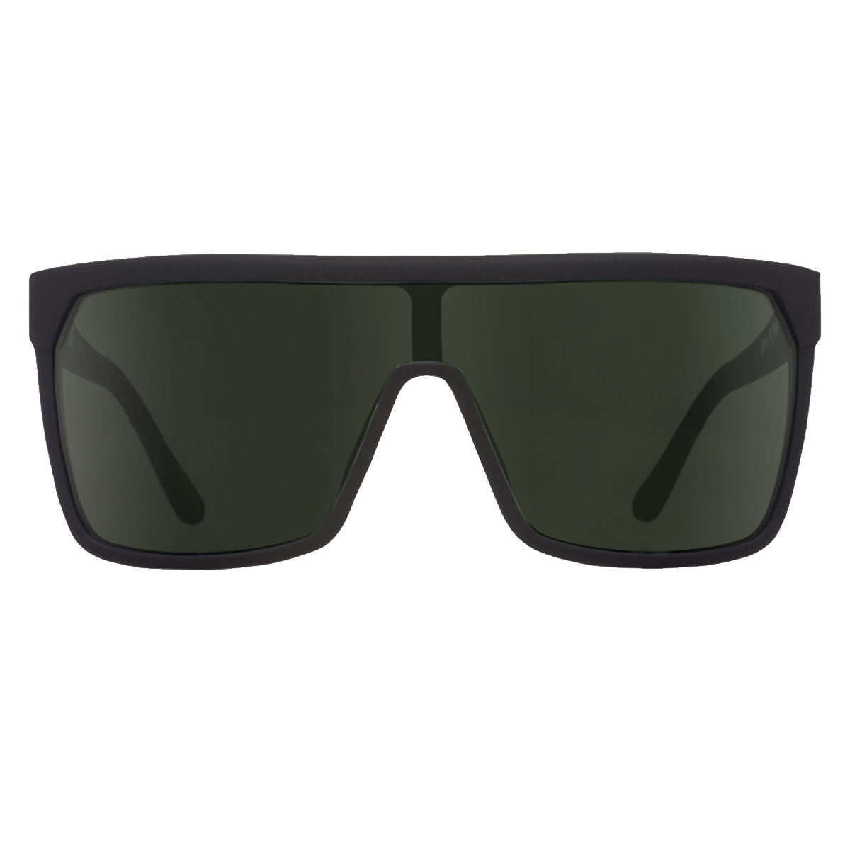 Front view of Spy Flynn sunglasses in soft matte black with oversized rectangular frames and HD Plus gray green lenses, offering thick frames and UV protection for your eyes.