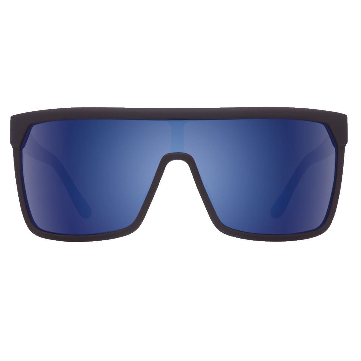 The Spy Flynn sunglasses in Soft Matte Black feature HD Plus Bronze/Dark Blue Spectra Mirror lenses with UV protection, shown front-facing against a white background.