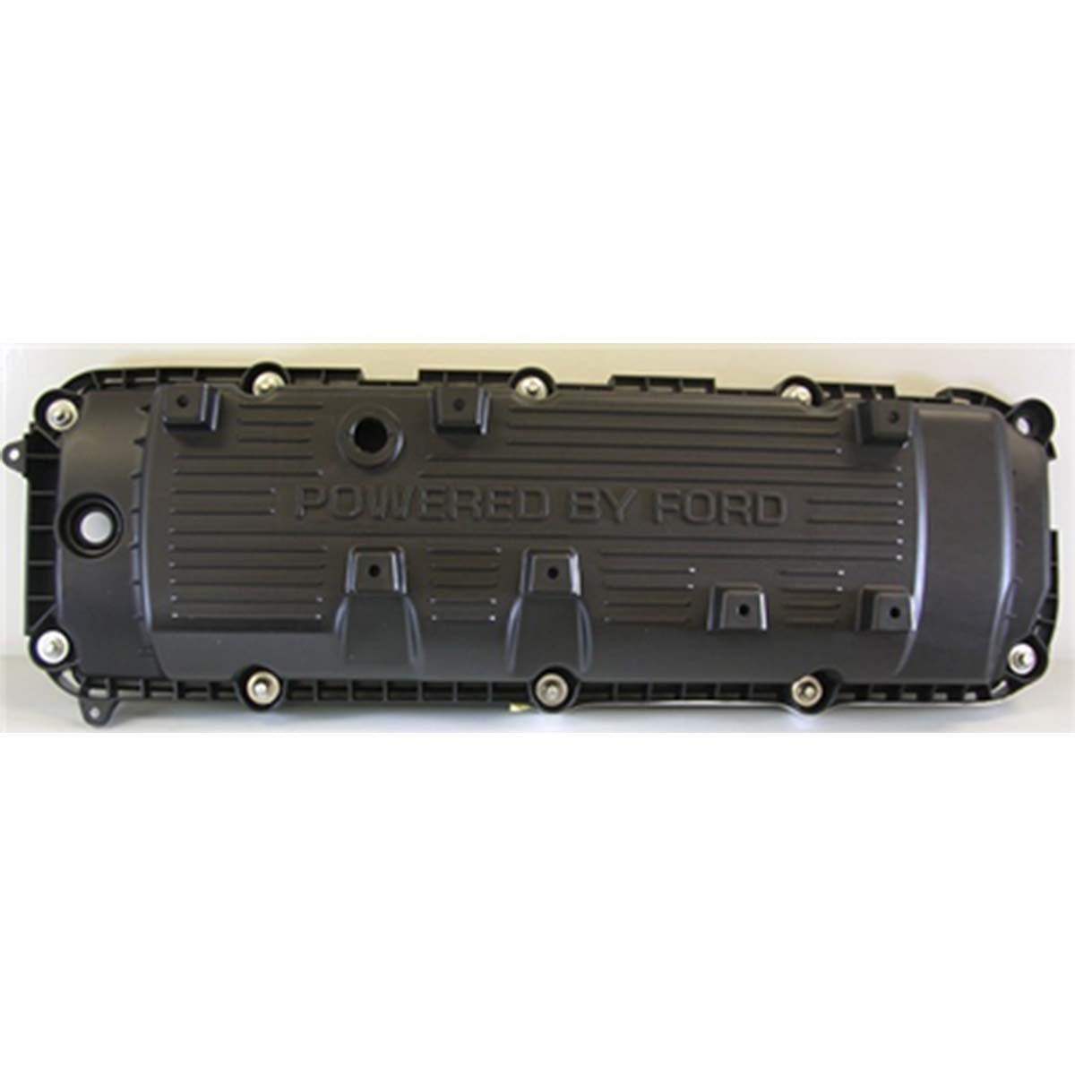 The Indmar COVER CAMSHAFT 6.2 FORD Bank2 (Cylinder 5-8) Side - 597072 features a black finish with "POWERED BY FORD" embossed on top, designed for 6.2 Ford/Indmar engines with multiple bolt holes and distinct grooves and protrusions.