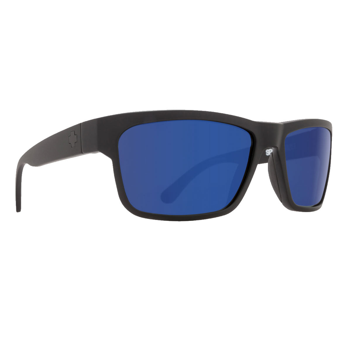 Spy Frazier sunglasses by Spy feature a matte black frame and large rectangular blue-tinted lenses with Happy Bronze Polar/Blue Spectra, offering superior UV protection. Shown against a white background.