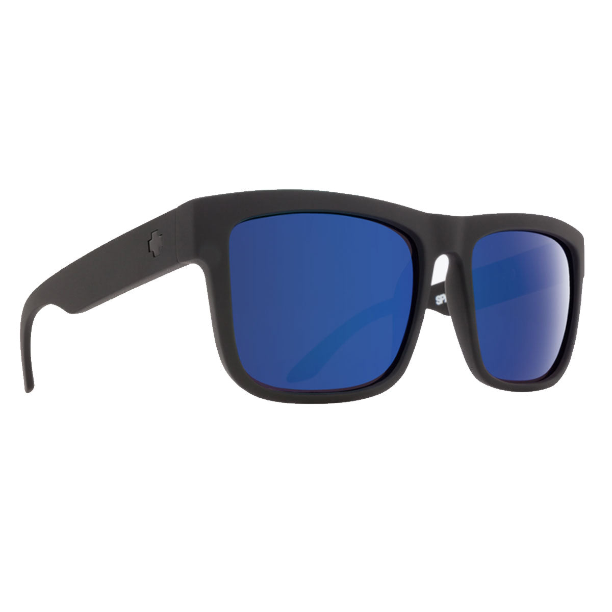 The Spy Discord sunglasses in Matte Black with HD Plus Bronze Polar/Blue Spectra Mirror lenses offer 100% UV protection and bold ’80s-inspired style, combining thick frames with modern comfort for sunny days.