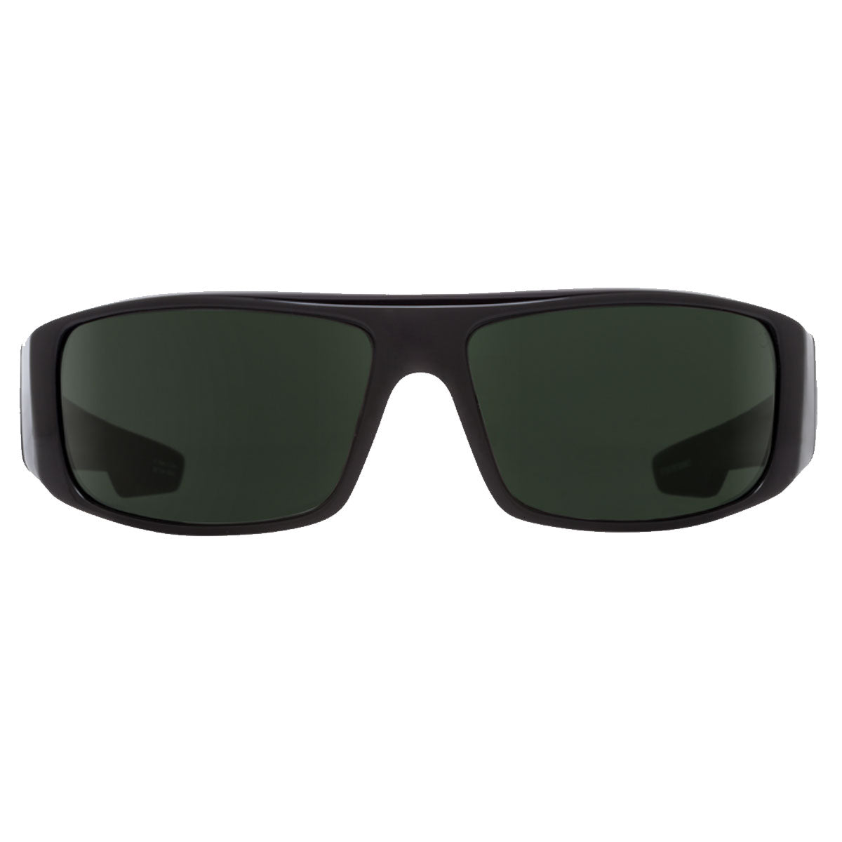 Front view of Spy Logan sunglasses in black with Happy Gray Green Polar lenses, featuring Trident polarization and 100% UV protection, shown against a white background.