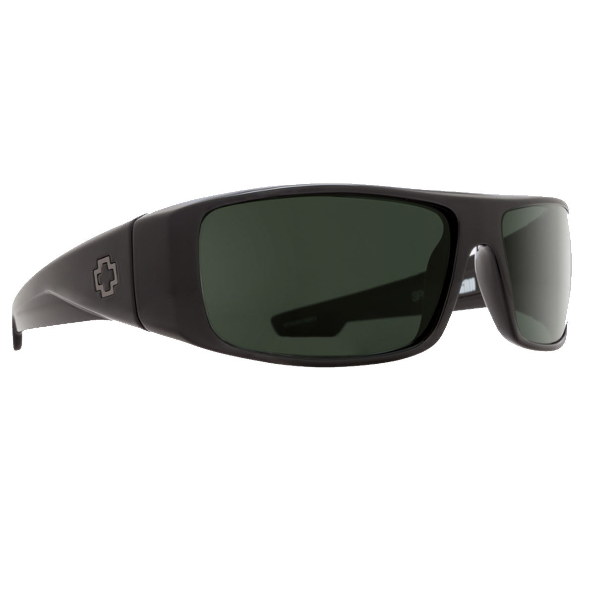 The Spy Logan - Black / Happy Gray Green sunglasses feature a thick black wraparound frame, dark lenses, and a cross logo on the temple. Enjoy superior UV protection and enhanced clarity with Trident™ polarization.