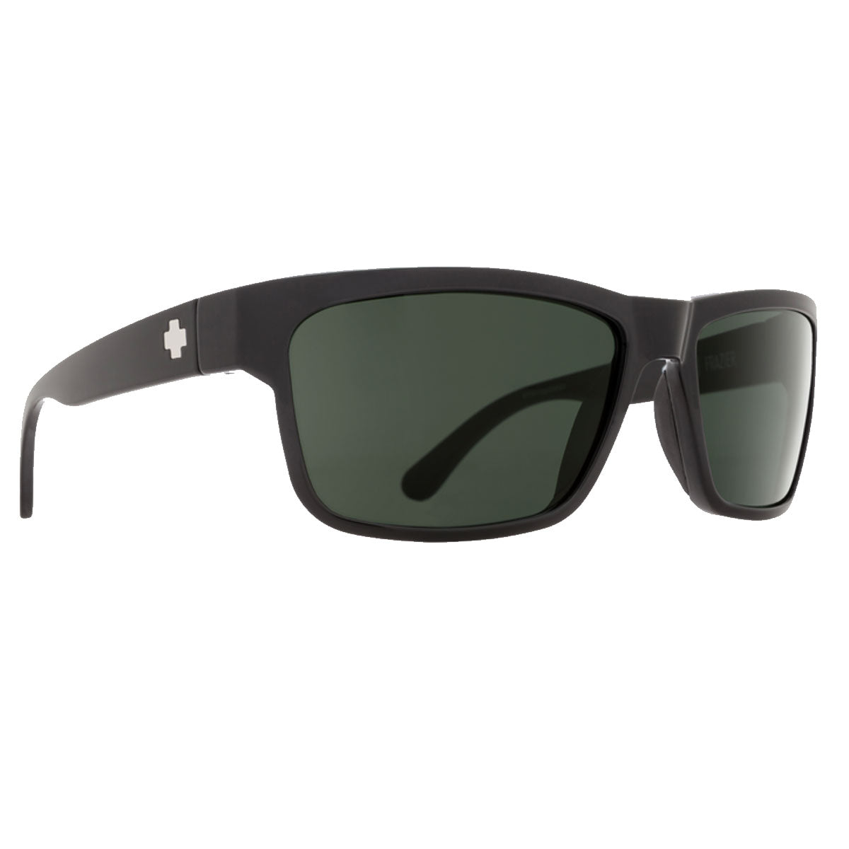 The Spy Frazier sunglasses in Black/HD Plus Gray Green feature a matte rectangular frame, dark polarized lenses, a white plus-sign logo on the arm, 100% UV protection, and a modern sporty design. Shown on a white background.