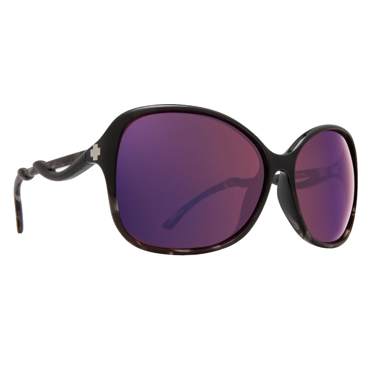 The Spy Fiona sunglasses by Spy feature a black smoke tort frame with large, round Happy Rose Midnight Spectra lenses, wavy arms, a small white cross logo on the temple, and provide 100% UV protection.