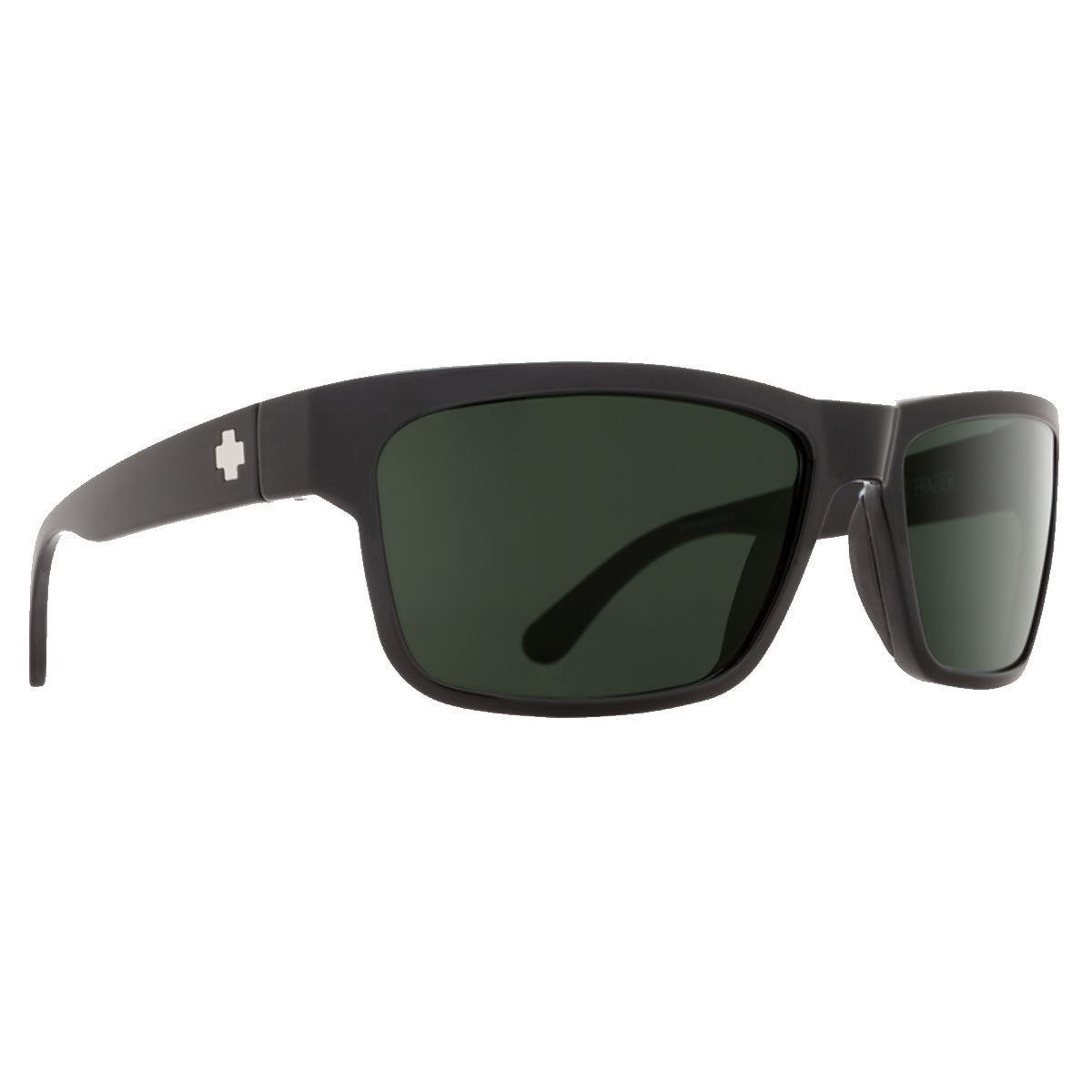 The Spy Frazier sunglasses in black feature a rectangular shape, Happy Gray Green Polar lenses, durable Grilamid® construction, and a white plus sign logo on the temple.