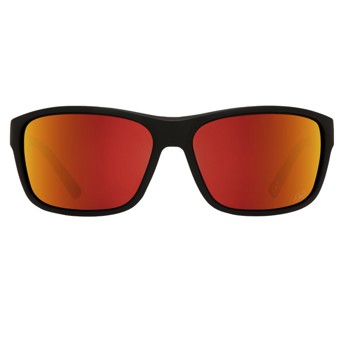 The Spy Arcylon - Dale Jr Matte Black sunglasses feature large rectangular HD Plus Gray Green lenses with Orange Spectra, offering 100% UV protection. Shown from the front on a white background.
