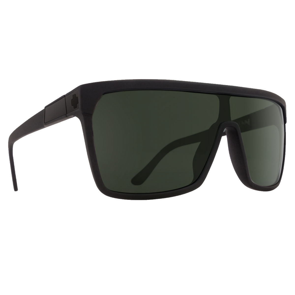The Spy Flynn sunglasses feature a soft matte black, rectangular wraparound frame with HD Plus Gray Green lenses for UV protection, dark tints, and thick arms, shown on a white background.