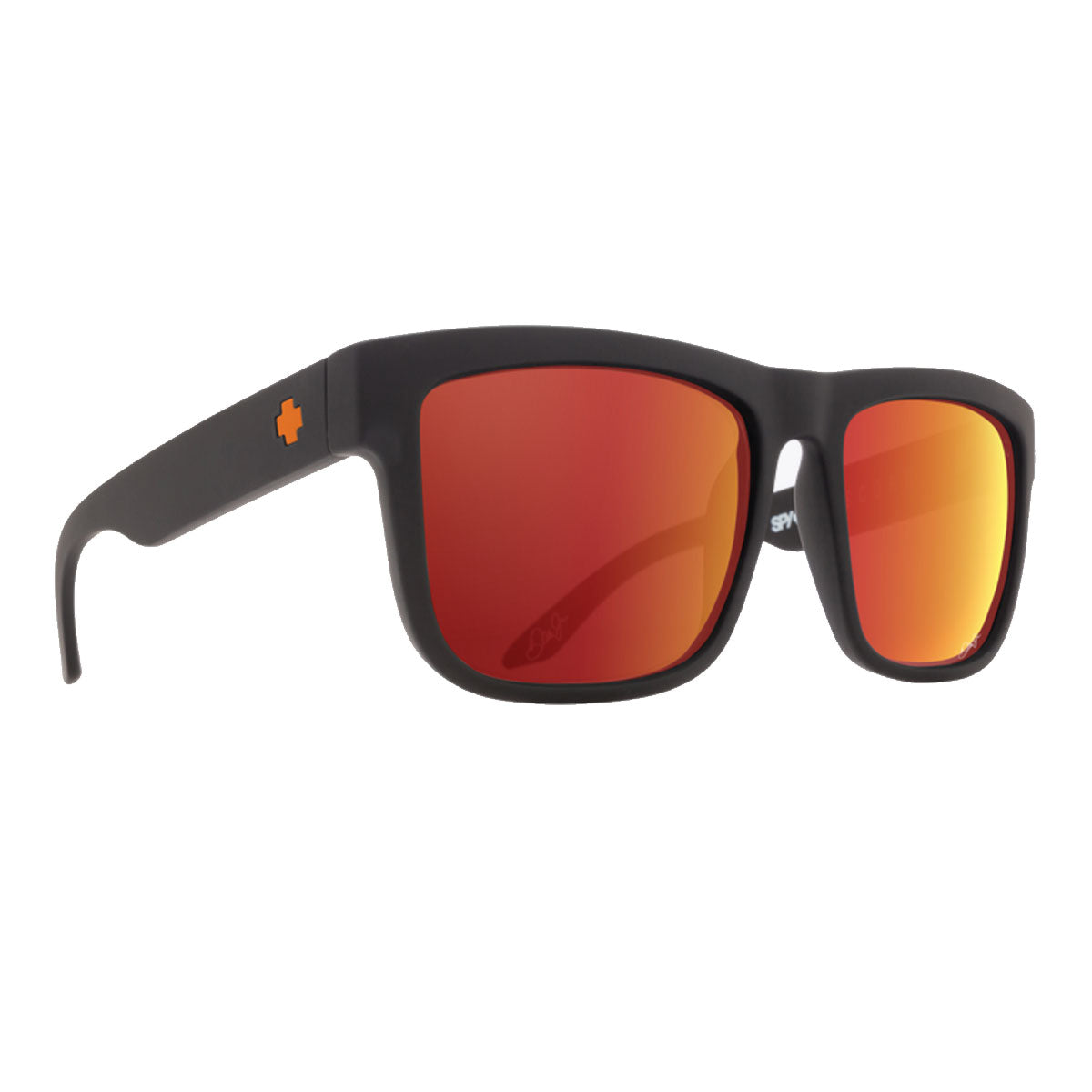 The Spy Discord - Dale Jr Matte Black sunglasses by Spy feature rectangular frames, HD Plus Gray Green with Orange Spectra lenses for 100% UV protection, and an orange cross logo on the left temple.