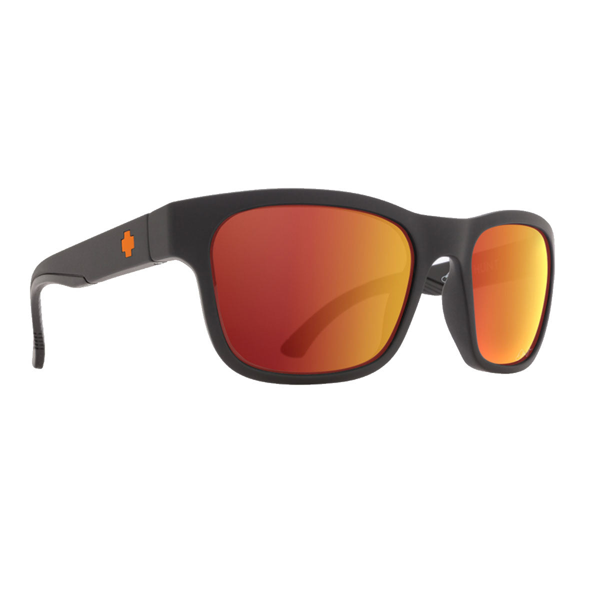The Spy Hunt - Dale Jr sunglasses by Spy feature a matte black rectangular frame, HD Plus gray green lenses with orange Spectra mirror, and an orange cross logo on the temples.