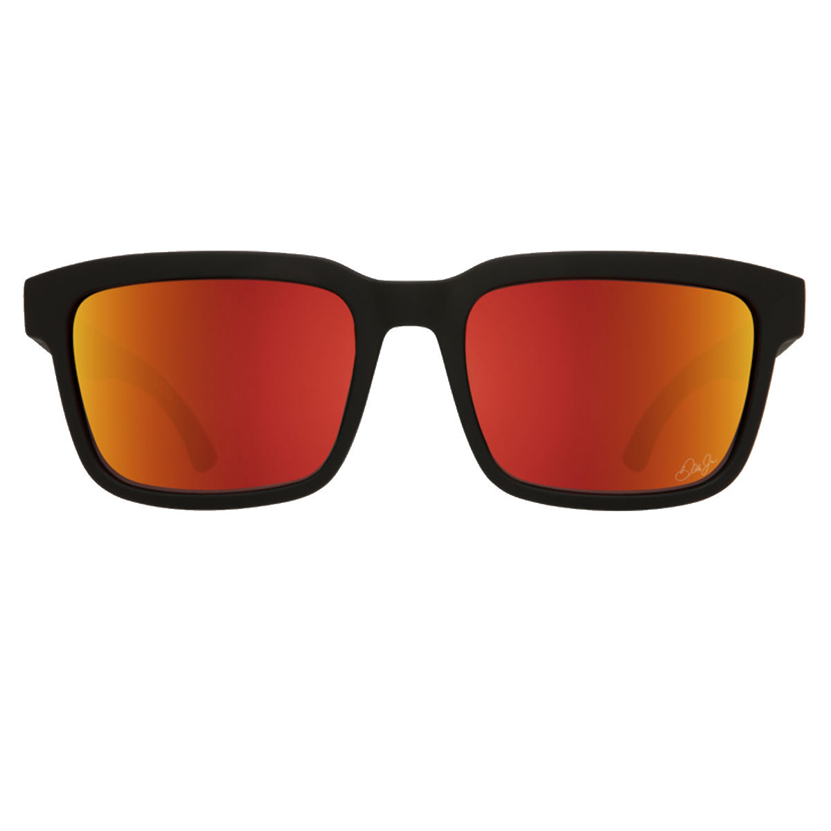 The Spy Helm 2 - Dale Jr Matte Black sunglasses by Spy feature a lightweight black frame and HD Plus gray green lenses with an orange Spectra mirror, shown facing forward on a white background, offering 100% UV protection.