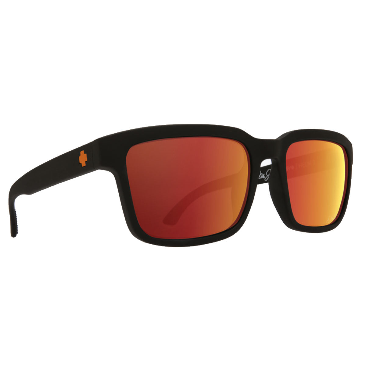 The Spy Helm 2 - Dale Jr Matte Black sunglasses feature a lightweight rectangular frame, HD Plus gray-green lenses with an orange Spectra mirror, an orange cross logo on the temple, and deliver 100% UV protection.