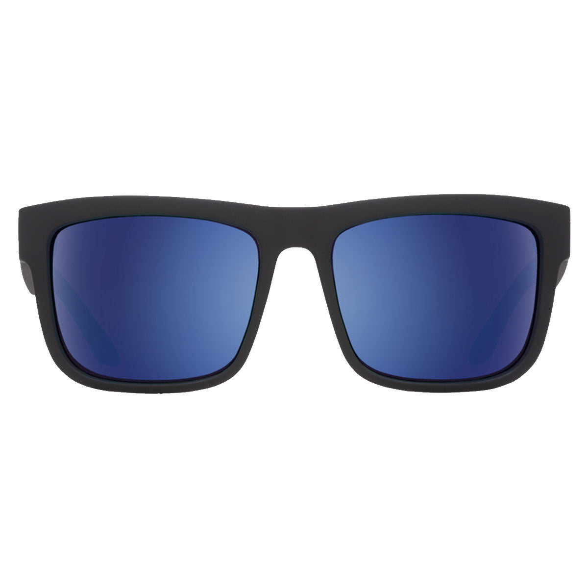 Spy Discord sunglasses by Spy—matte black, ’80s-inspired rectangular frames with HD Plus bronze polarized lenses and a blue spectra mirror finish, shown front view on a white background.