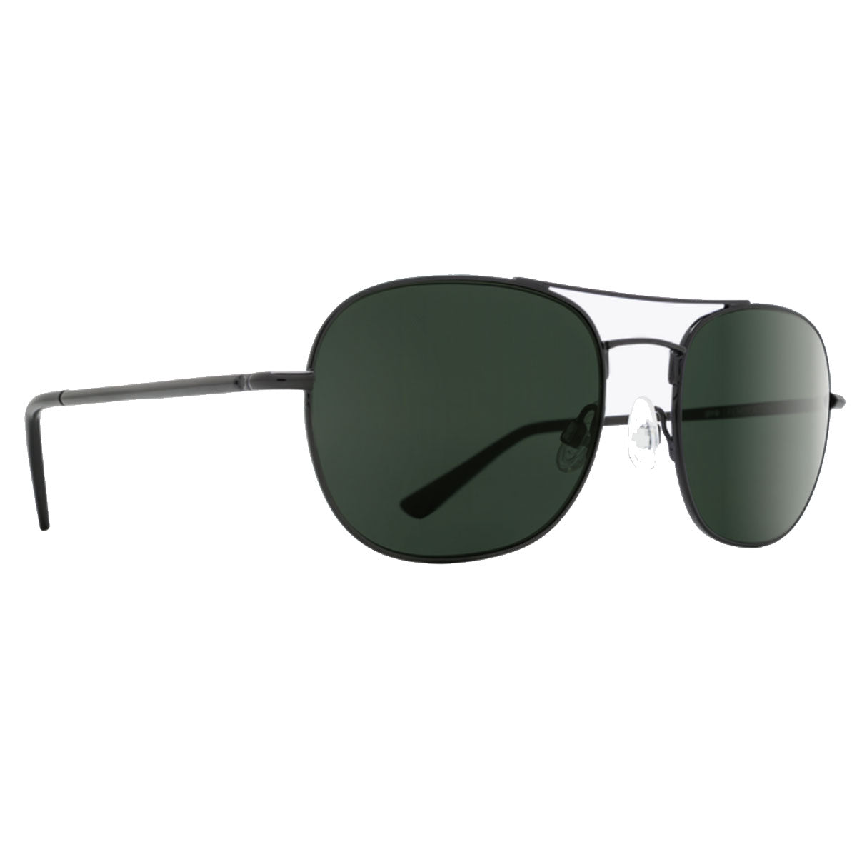Spy Pemberton sunglasses by Spy feature black wire rims in a classic aviator style with HD Plus gray green polarized lenses, thin arms, and adjustable nose pads, displayed on a white background.