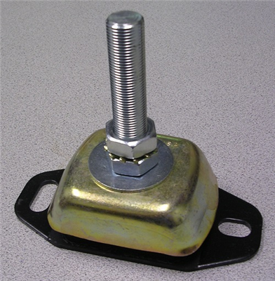 A metal leveling foot with a threaded rod, hex nut, and two-hole base—ideal for the Indmar MOUNT INDMAR CUSTOM ENGINE, UPRIGHT - 535052—rests on a gray speckled surface. Brand: Indmar.
