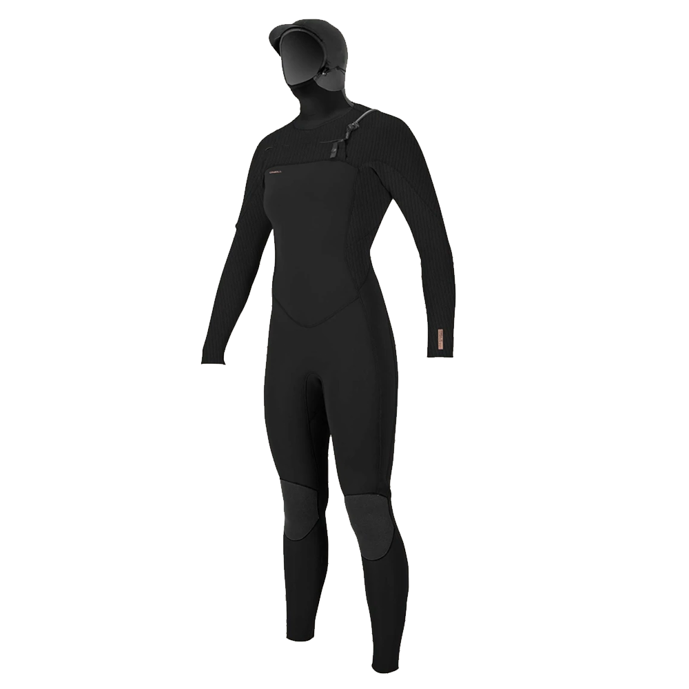 A black O'Neill Women's Hyperfreak 5/4+mm Chest Zip Full Wetsuit w/ Hood, featuring TechnoButter 3 and TechnoButter 3X neoprene for enhanced flexibility and comfort.