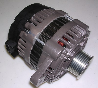 A close-up photo of the Indmar ALTERNATOR 95 AMP SERP SMALL PULLEY (Ford only, 575017), highlighting its metal casing, cooling vents, visible copper wiring, and shiny small pulley on a light-colored surface.
