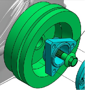3D CAD model of a green pulley on a shaft with blue bearing housing and large hex nut, secured by an Indmar BALANCER HARMONIC FORD 6.2 - 594217 from Indmar.