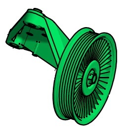 A 3D rendering of a green Indmar IDLER ASY FORD 6.2 OUTSIDE - 597039 shows a large spoked wheel with ridged edges and a central hub, mounted on an angled bracket with holes for attachment.