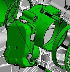 A 3D CAD model of the Indmar MONOVALVE/THROTTLE BODY 6.2L FORD - 597073 assembly by Indmar, featuring cylindrical and rectangular parts with bolts, is displayed on a gray background with technical drawing lines.