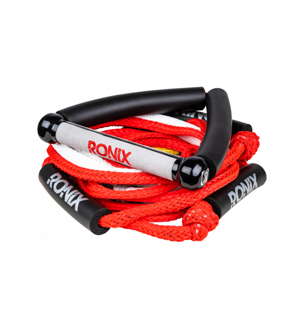 A Ronix Bungee Surf Rope-10" Handle Hide Grip-25ft 4-Sect. Rope - Asst. Color with a black handle for secure grip