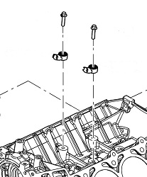 Black and white technical diagram showing installation of Indmar BOLT KNOCK SENSOR FORD 6.2 - 595600 with bolts and clamps aligned above the engine block. Suitable for Ford 6.2 and Indmar engines. Brand: Indmar.