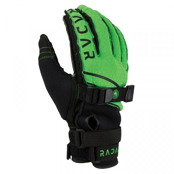 The Radar 2019 Ergo-K Glove in green features black accents, adjustable double wrist and palm straps for a secure fit, "RADAR" printed on top, and a durable SuperFabric Palm for enhanced protection.