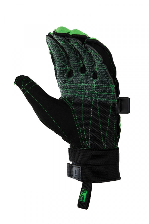 The Radar 2019 Ergo-K Glove- Green by Radar is shown palm-up in black and green with reinforced stitching, a Velcro wrist strap, a durable SuperFabric Palm, and a side loop, set against a white background.