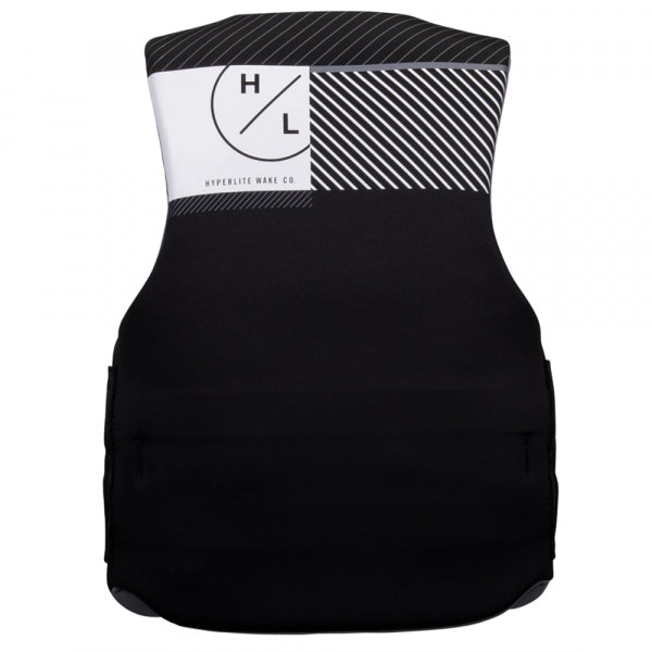 A Hyperlite black and white life jacket with a USCG Approved logo on it.