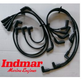 The Indmar Spark Plug Wire Set Black SB HVS - 751106 for 5.7 Chevy and Chevy 350 Indmar marine engines is shown on a white background, with the red Indmar Marine Engines logo in the lower left corner.