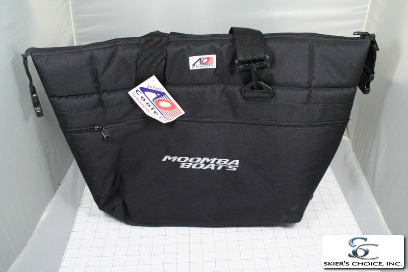 The Moomba Cooler w/Logo, 24 Can is a black insulated tote by Moomba with “MOOMBA BOATS” in white, a front zipper pocket, shoulder strap, tags, and the Skier’s Choice Inc. logo in the bottom right corner.
