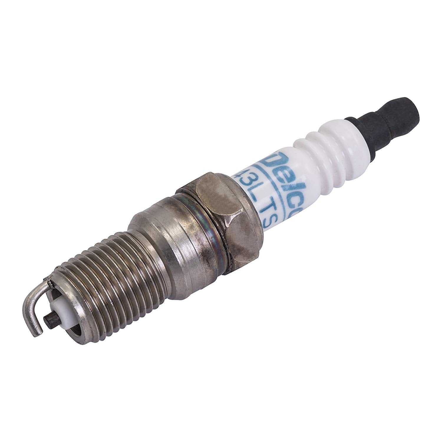 A close-up of an AC Delco Spark Plug 8 Pack - MR43LTS, featuring a copper core, metal threaded body, white ceramic insulator, and black terminal tip, by AC Delco, compatible with Indmar 491008 for 5.7 Ltr Chevy engines.
