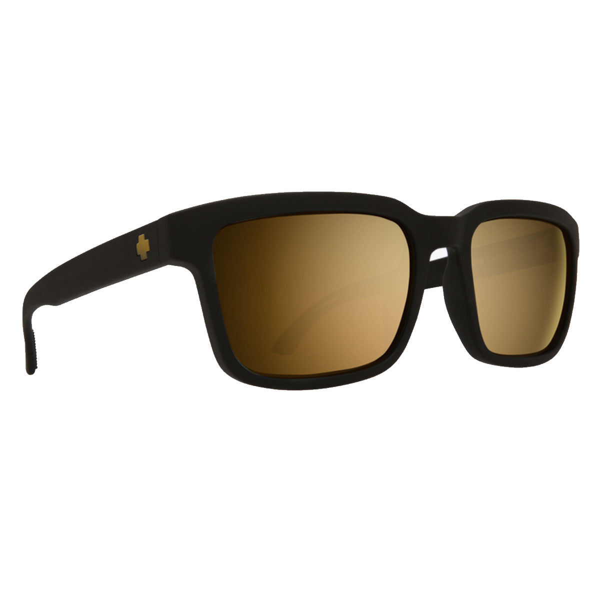 Spy Helm 2 sunglasses by Spy feature a matte black rectangular frame, HD Plus bronze lenses with Gold Spectra finish, a gold cross logo on the temple, and a lightweight design for all-day comfort.