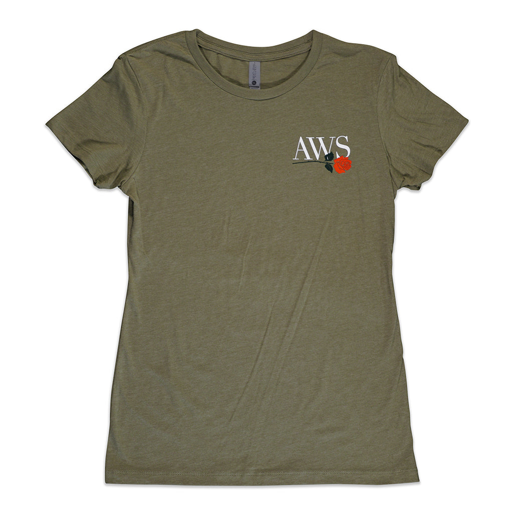 The AWS All Good Women's Tee by ActiveWake is an olive green, short-sleeve shirt featuring “AWS” in white and a small red rose on the upper left chest. Made from a lightweight cotton blend, it’s shown laid flat on a white background.