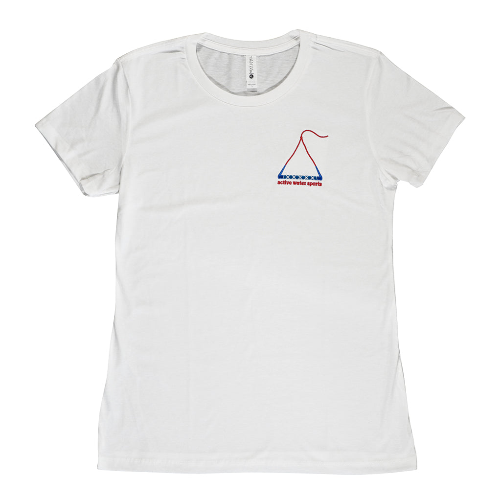 The ActiveWake AWS Embroidered Handle Women's Tee is a white short-sleeve shirt made from a soft cotton blend, featuring a small blue and red triangular graphic and "active water sports" text on the left chest.