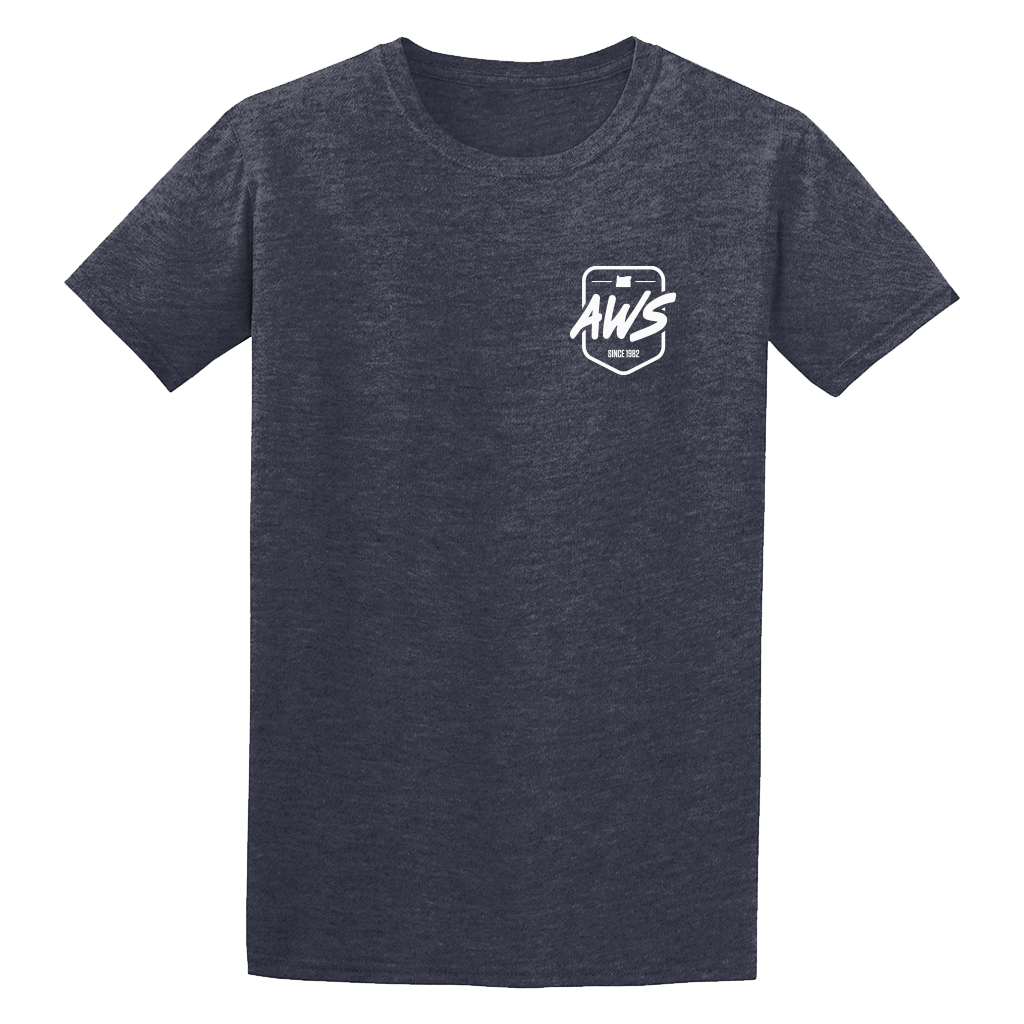 A navy short-sleeve t-shirt from ActiveWake, the Oregon Boater Tee, featuring a small white logo and text on the left chest. Displayed flat on a light background. Perfect for Oregon Boater enthusiasts.