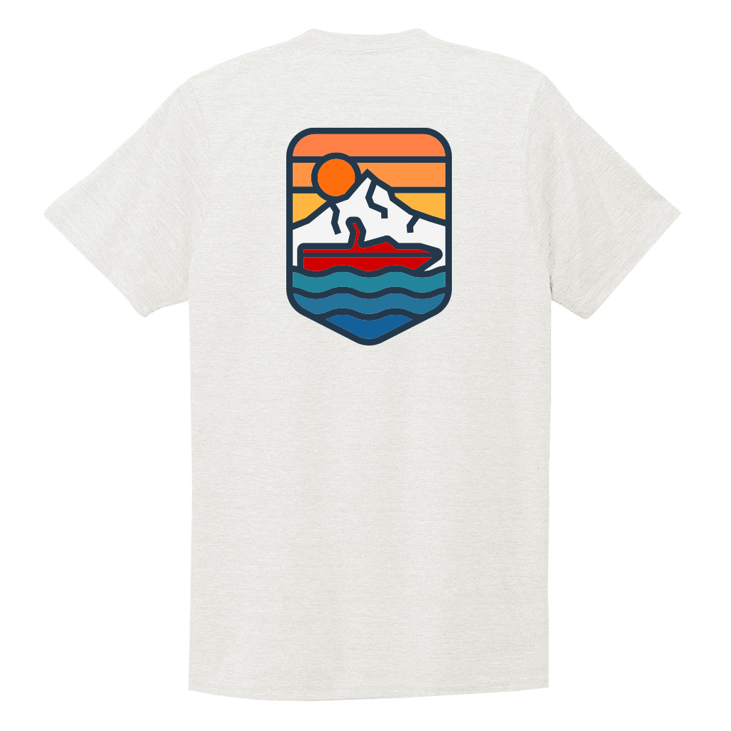 The ActiveWake Oregon Boater Tee – White features a vibrant Mt. Hood Boatscape graphic on the back with a mountain, sun, and red boat—perfect for any Oregon boating enthusiast.