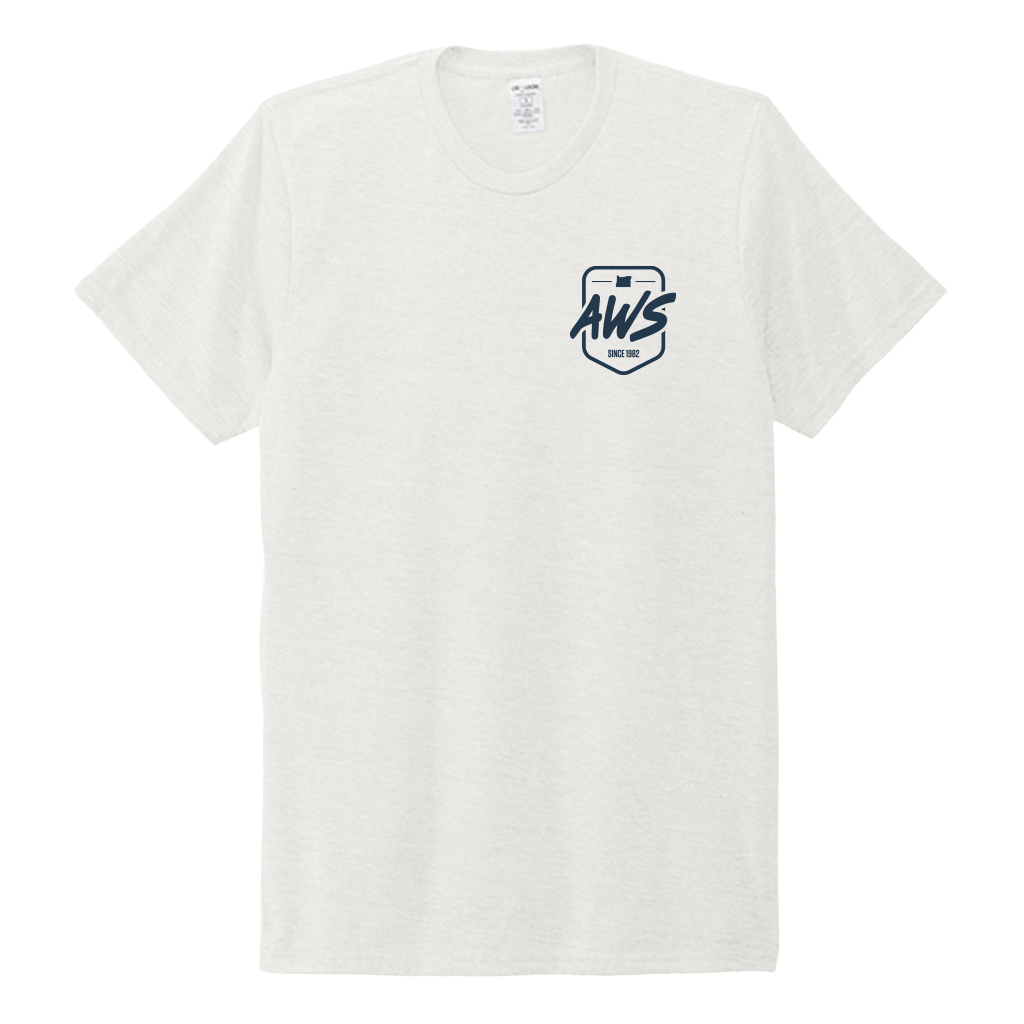 The Oregon Boater Tee – White from ActiveWake is a light gray short-sleeve shirt with a small navy blue AWS logo and "SINCE 2023" text on the left chest, shown on a plain white background—perfect for any Oregon boater.