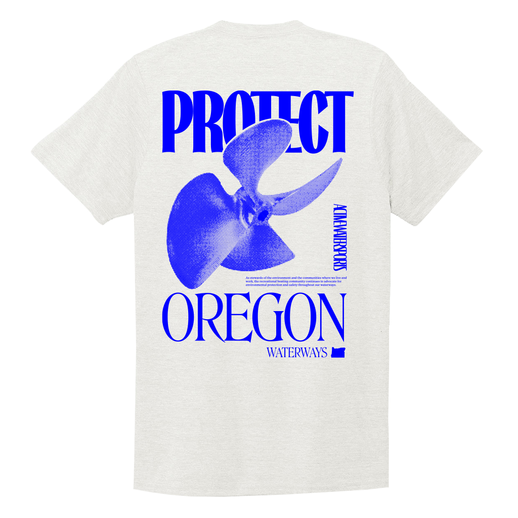 The Willamette For All Unisex Short Sleeve by ActiveWake features a bold blue boat propeller graphic and "PROTECT OREGON WATERWAYS" text on the back—ideal for water sports lovers and Willamette River advocates. Small text accents are on the side and bottom.