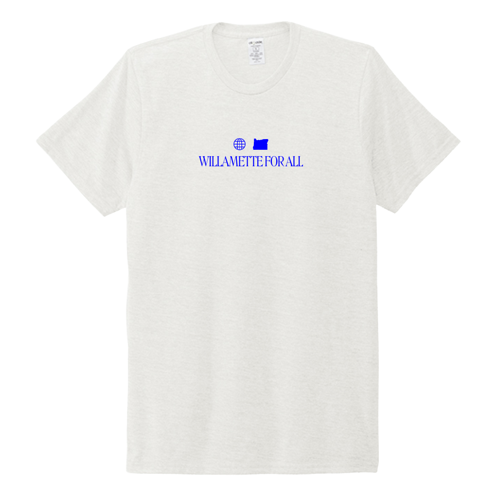 The Willamette For All Unisex Short Sleeve by ActiveWake features blue text and icons on a white tee—globe on the left, Oregon outline on the right—perfect for fans of the Willamette River and Oregon Waterways.