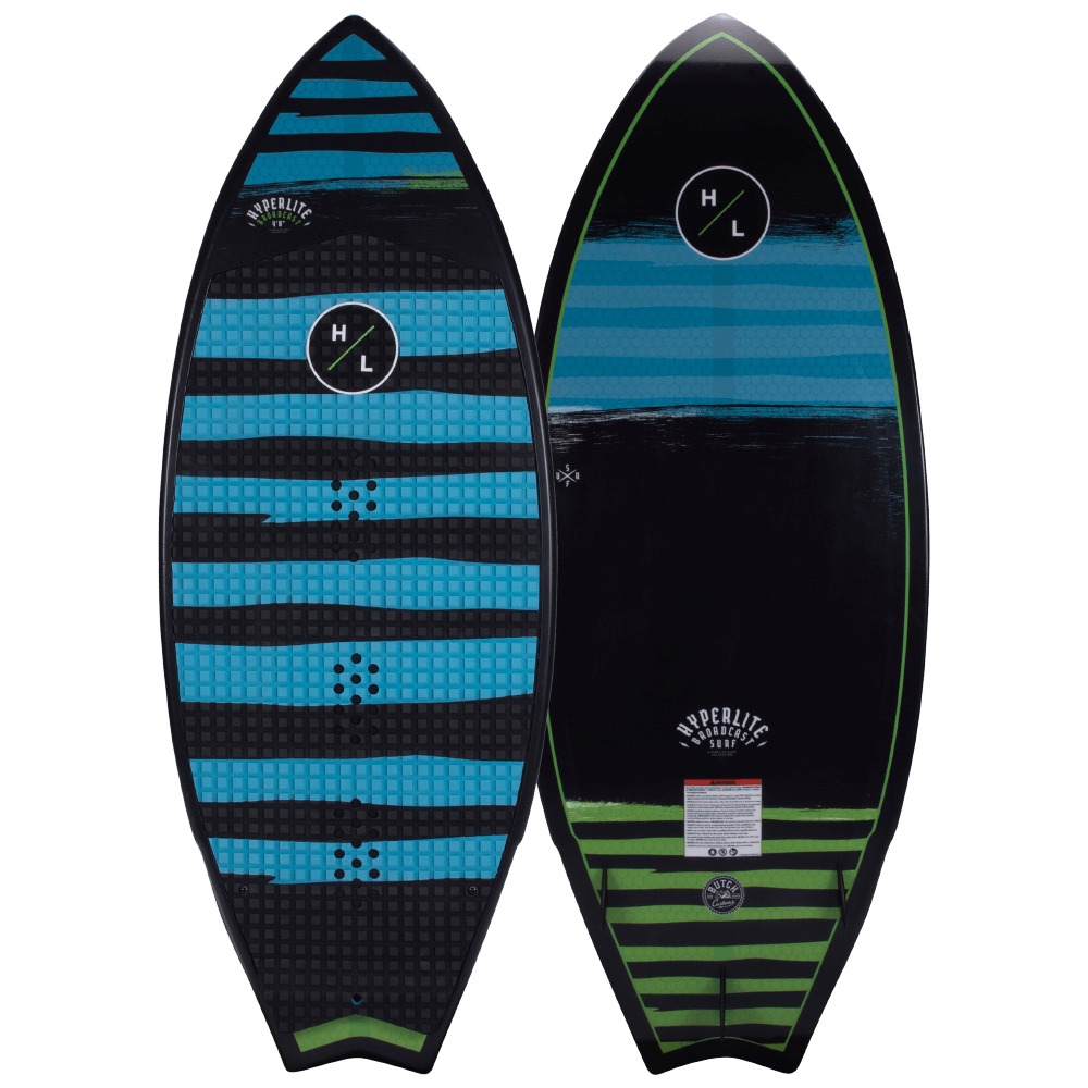 The Hyperlite 2024 Broadcast Wakesurf Board features a black and blue design with a stylish blue and green stripe. Its Dual Concave Base ensures maximum stability and performance, making it the perfect choice for those.