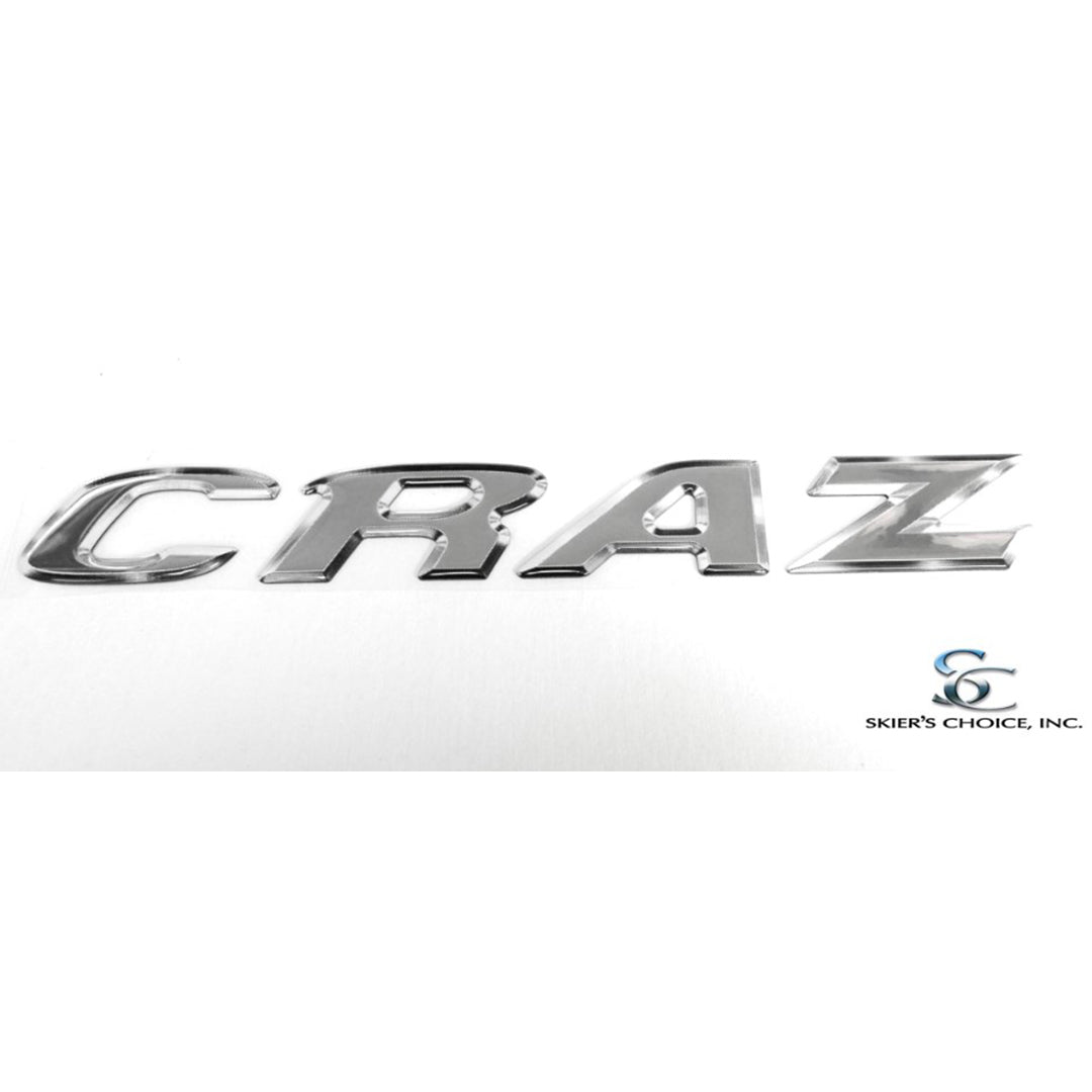 The Moomba CRAZ Chrome, Transom Decal (116054) by Moomba is shown on a white background, with the Skiers Choice, Inc. logo in the corner, highlighting this stylish chrome boat decal for your transom.