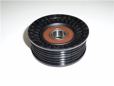 The Indmar PULLEY IDLER 6.2 FORD and GM INSIDE SERPENTINE - 551246, a black ribbed idler with central bearing for serpentine systems, is shown against a plain white background.