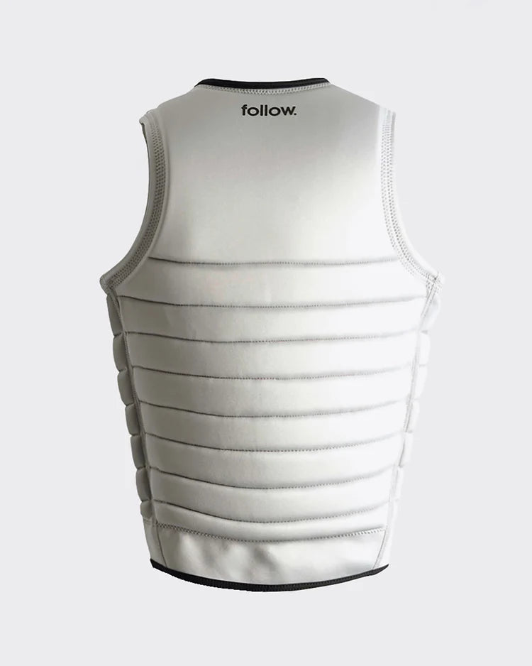 The back of a Follow 2022 Primary Men's Jacket - Stone vest with black and white stripes, featuring maximum flex for added comfort and impact protection.